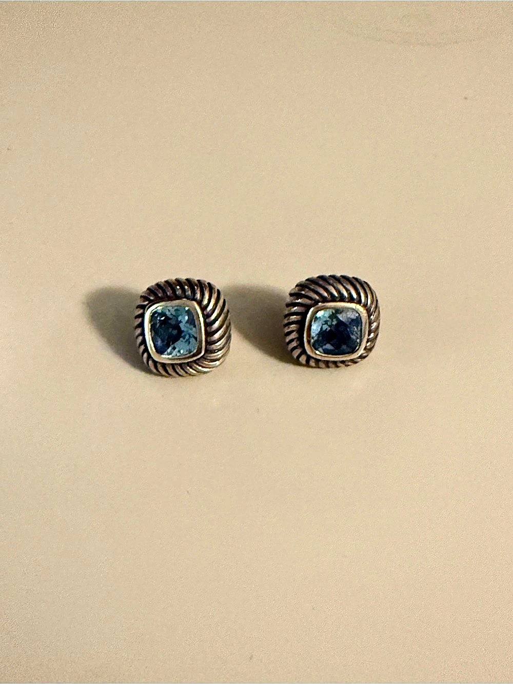 David Yurman Albion Blue Topaz Stud Earrings Blue Stone Rope-Frame Stud Earrings